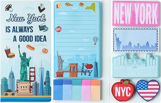 B1ykin Sticky Notes Set - Cartoon Theme Cute Self-Stick Notes Pad Teacher Appreciation Gifts， Self-Adhesive Writing Memo Pages Sticky to Do Notepad for Kids Employee School Office (New York City)
