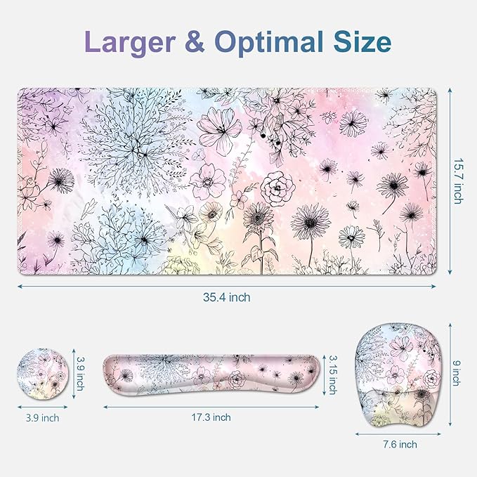 Large Mouse Pad, Keyboard Wrist Rest Set, Ergonomic Mouse Pad with Wrist Support, Desk Mat with Stitched Edges Extended Desk Pad Waterproof Desk Mat for Home Office Game I Dandelion & Sunflower