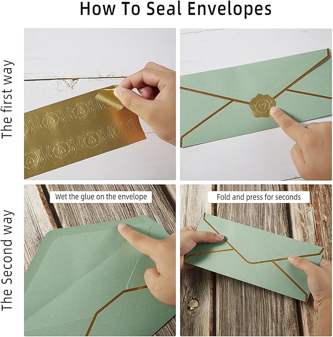 50 Pack #10 Business Envelopes with Gold Border, Self Seal Standard Envelopes with Gold Stickers for Office, Checks, Letter Mailing, Invoices, 4 1/8 x 9 1/2 Inches (Sage-Green)