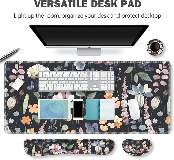 ARTSO Gaming Mouse Pad Wrist Support Set, XXL Large Desk Mat Mousepad + Keyboard Wrist Support+ Mouse Wrist Rest+Coaster 4in1 Ergonomic, Memory Foam, Stitched Edge for Home Office -Flowers Plants