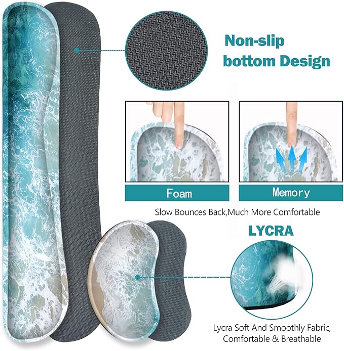 ARTSO Extended Gaming Mouse Pad Set, Keyboard Wrist Rest Support Pad + Wrist Cushion + XXL Large Mouse Pad + Coaster, Stitched Edge, Non-Slip, Memory Foam Desk Mat, Beach Waves