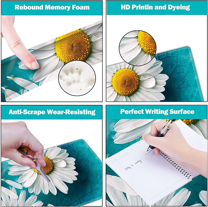 ARTSO Large Gaming Mouse Pad Set, Keyboard Wrist Rest Support + Mouse Wrist Cushion + Extended Mousepad + Coaster, 35x15.5in Multifunctional Desk Mat 4pcs, Cute Daisy