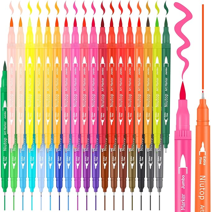 Niutop 36 Colors Fine & Brush Tip Dual Tip Coloring Marker Pens, Doodle Art Markers for Adult Coloring Books, Calligraphy Journaling, Art Supplies for Kids 9-12
