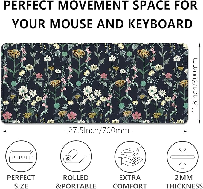 Dark Botanical Flowers Mouse Pad,Extended Black Plant Floral Mousepad Desk Pad with Stitched Edges,Non-Slip Waterproof Rubber Base Mouse Mat for Office Computer Keyboard Laptop Home(27.5x11.8 in)