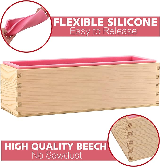 Rectangular Soap Mold - 42oz Flexible Silicone Loaf Soap Mold with Wood Box for Making Craft Soap Homemade DIY Tool
