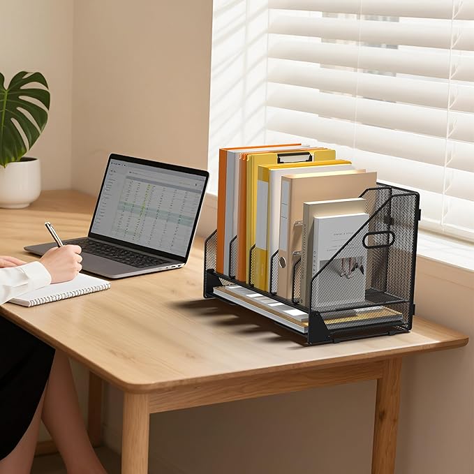 Desk File Folder Holder Organizer-5 Vertical Compartments Racks and Paper Letter Tray,Mesh Magazine File Holder Sorter,Desktop Accessories & Workspace Organizers for Home,Office,School-Black