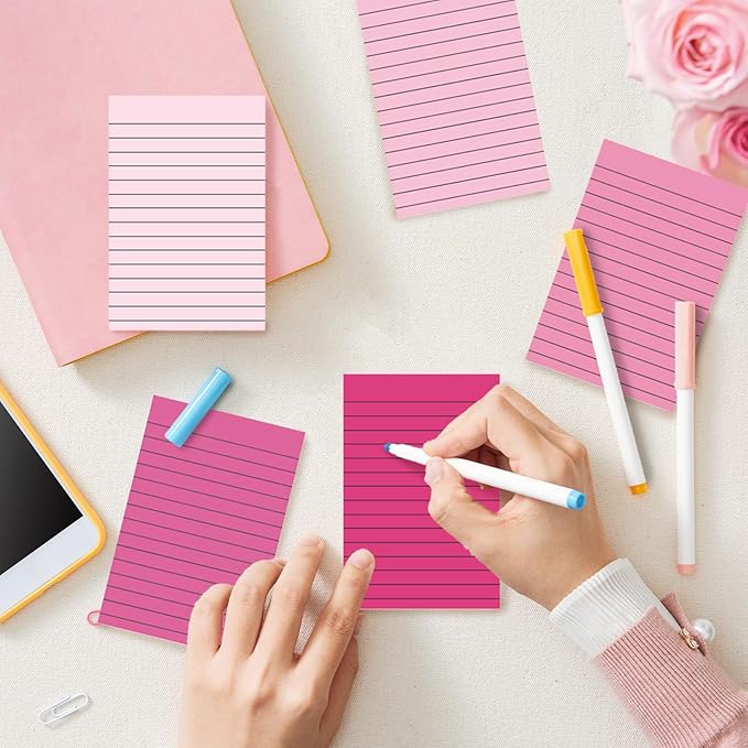 12Pcs Pink Lined Sticky Notes 6 Colors Gradient Pink Self-Adhesive Notepads Removable Memo Pad for Office School Home Supplies, 4 x 6 Inch