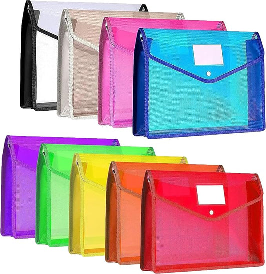 Plastic File Folder, 9 Pcs Large-Capacity Poly Envelope Expanding File Wallet Document Folder A4 Accordion File Pouch with Label Pocket and Snap Button for School Home Work Office Organization