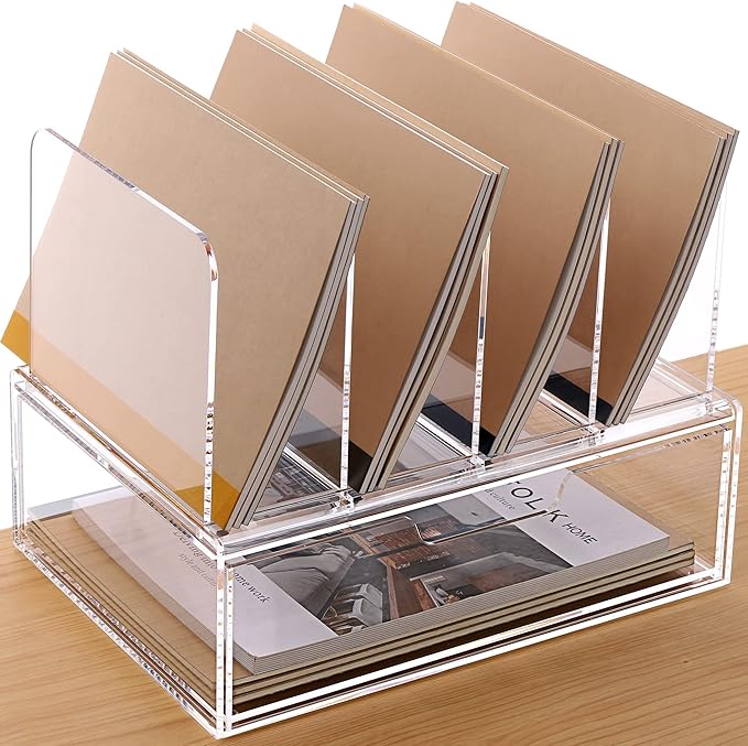 DINGHUO Acrylic Desk Organizers and Accessories, Clear Paper File Folder Organizer Letter Tray Sliding Drawer with 4 Upright Sections File Holder, Office Supplies Workspace Organizers - 1 Pack