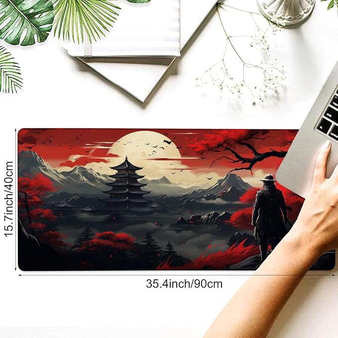 Desk Pad, Japanese Samurai Cherry Blossoms XXL Gaming Mouse Pad with Stitched Edges,Non-Slip Waterproof Rubber Base Large Desk Mat for Keyboard and Mouse 35.4"x15.7"