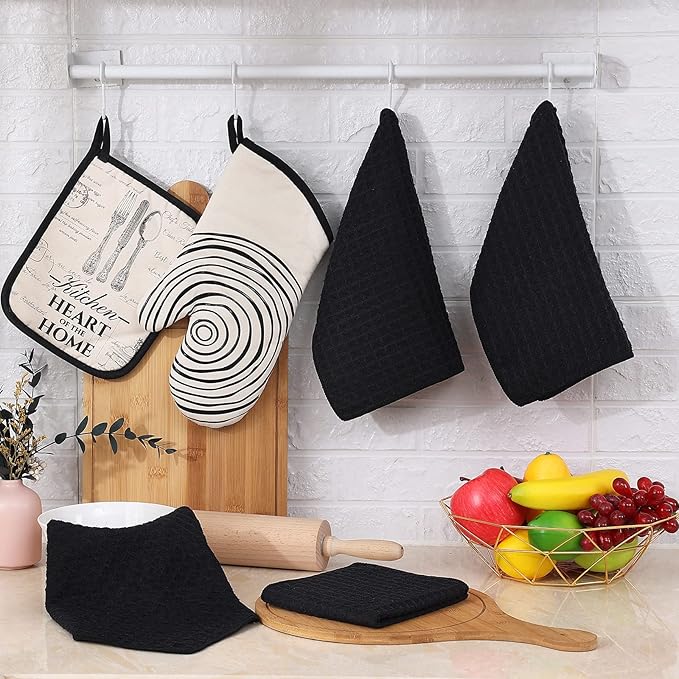 Homaxy Microfiber Waffle Weave Kitchen Dish Cloths, 12 x 12 Inch Ultra Absorbent and Solid Color Dish Towels for Kitchen Fast Drying Dishcloth for Washing Dishes, 6 Pack, Black