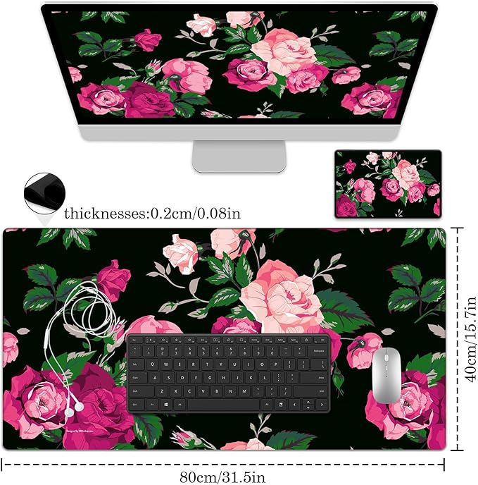 Pink Rose Desk Pad Protector, Stitched Edges Flower Mouse Pad, Large Office Mat, Non-Slip Blotter, Laptop Pad, Floral Writing Pad for Office and Home (31.5" x 15.7")