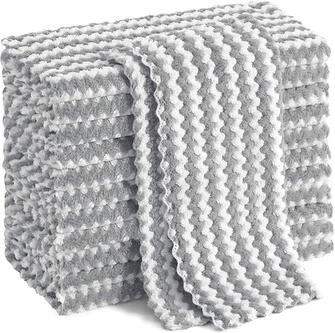 Homaxy 12 Pack Kitchen Dish Cloths, Ultra Soft and Absorbent Dish Towels, Reusable Fast Drying Microfiber Cleaning Cloth, Coral Velvet Wave Design No-lint, 10 x 10 inches, Grey