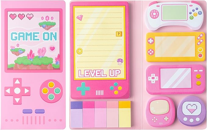 B1ykin Sticky Notes Set, Cartoon Theme Cute Self-Stick Notes Pad Teacher Appreciation Gifts， Self-Adhesive Writing Memo Pages Sticky to Do Notepad for Employee School Office (Pink Video Game)