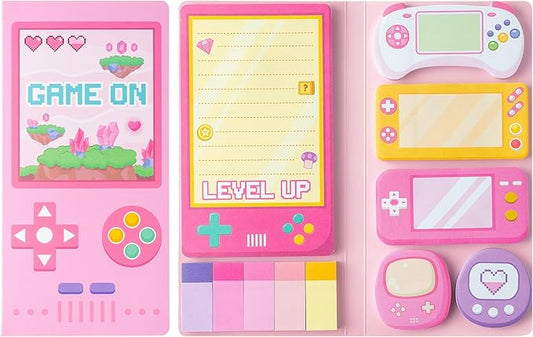 B1ykin Sticky Notes Set, Cartoon Theme Cute Self-Stick Notes Pad Teacher Appreciation Gifts， Self-Adhesive Writing Memo Pages Sticky to Do Notepad for Employee School Office (Pink Video Game)