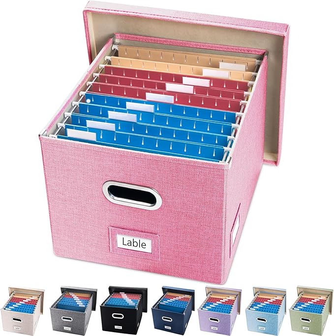 PRANDOM File Organizer Box - Set of 1 Collapsible Decorative Linen Filing Storage Hanging File Folders with Lids Office Cabinet Letter/Legal Pink (17x14x11.2 inch)