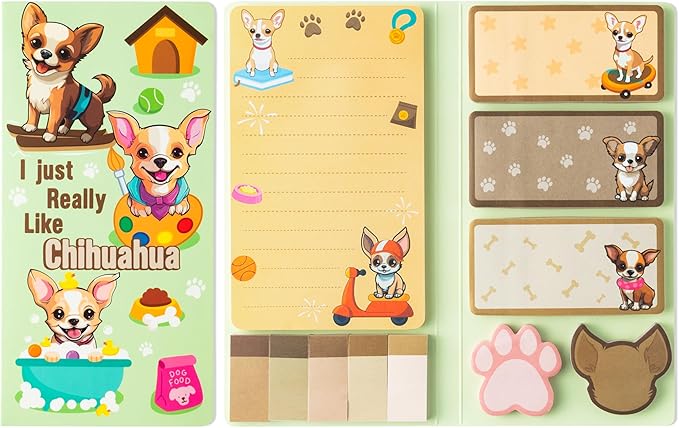 B1ykin Sticky Notes Set - Cartoon Theme Cute Self-Stick Notes Pad Teacher Appreciation Gifts， Self-Adhesive Writing Memo Pages Sticky to Do Notepad for Kids Employee School Office (Chihuahua)