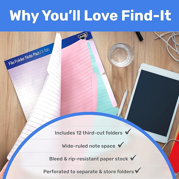 Find It File Folder Notepad - Pack of 12-9.5 x 12.5 Inch Notebook Organizer Folders for Filing, Document, and Clipboard Organization - Tie-Dye