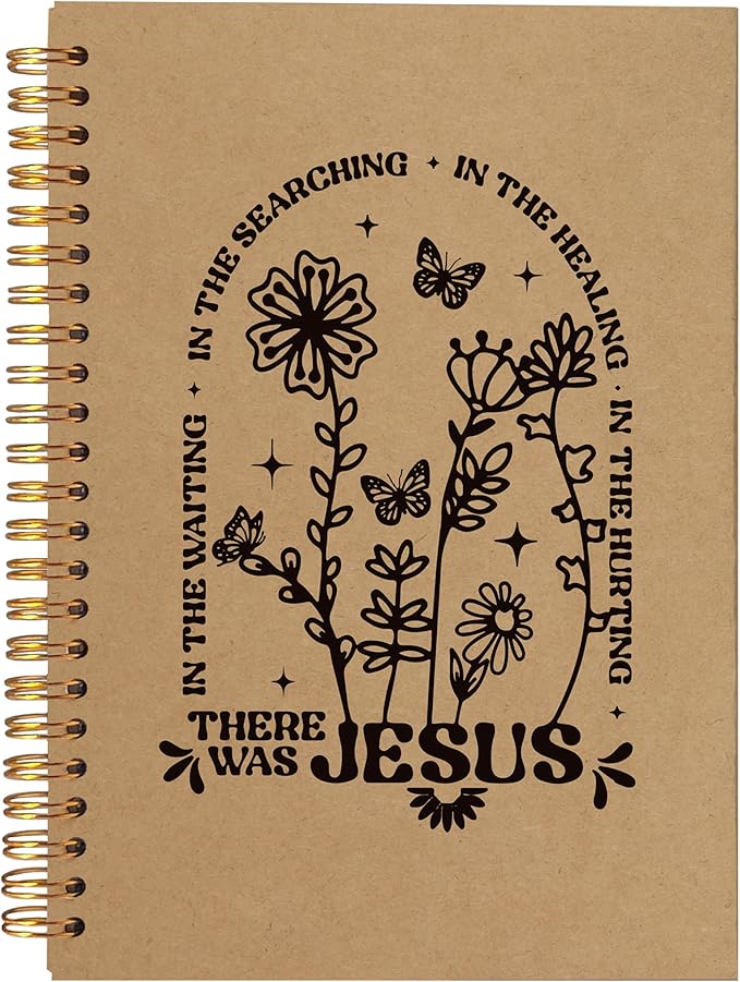 BearCake Boho Floral Christian Notebook Journal, Christian Gifts for Women, Bible Notebooks for Note Taking, Bible Journaling Notebook, Where the Jesus Hardcover Spiral Notebook 5.5x8.3 kraft paper