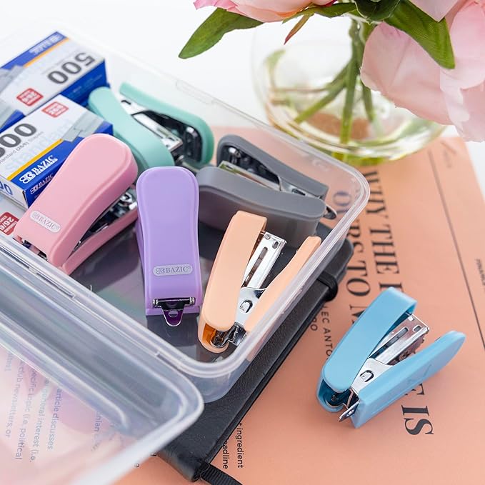 BAZIC Mini Stapler w/ 500 Staples, Standard (26/6) Pastel Color, Built-in Staple Remover, Portable Small Staplers, 4-Pack