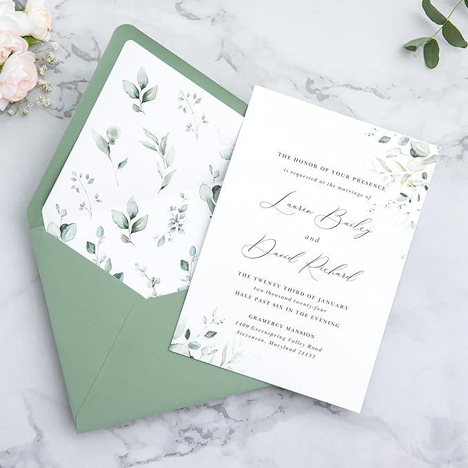 PONATIA 50PCS A7 Euro Flap Envelope, 5.25 x 7.25'' Sage Green Flowers Liner Envelopes for Wedding Invitations, Photos, Postcards, Greeting Cards, Christmas Gift, Acrylic Mailing