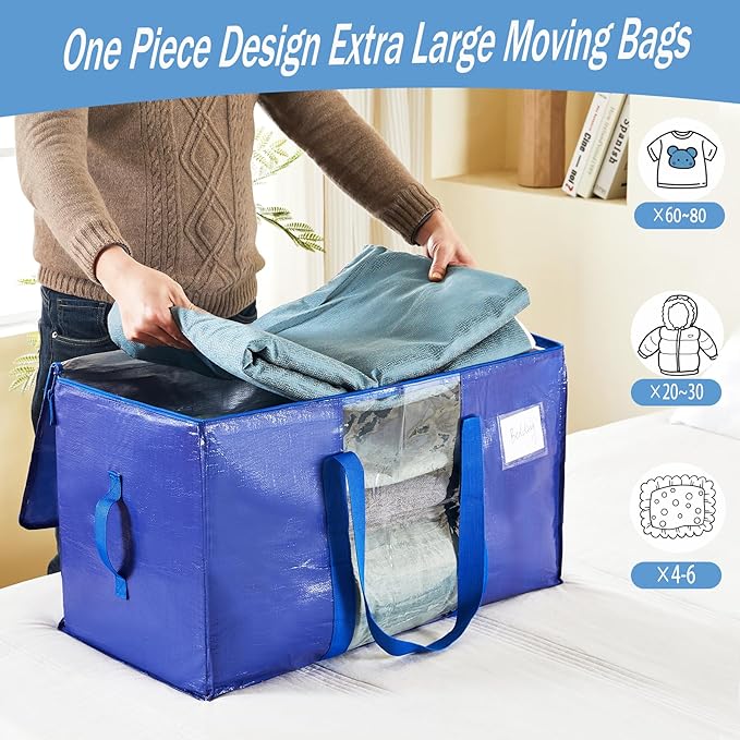 Extra Large Moving Bags, 4 Pack Heavy Duty Packing Bags for Moving, Totes For Storage with Visible Window and Wrap Around Handles, Moving Supplies for Space Saving