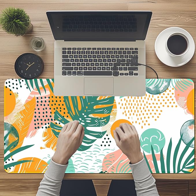 Tropical Leaves Large Mousepad 31.5 x 15.7 inch, XXL Waterproof Desk Mat Gaming Mouse Pad, Aesthetic Flowers Desktop Mat, Laptop Pad, Computer Writing Mat for Home Office Desk Decor