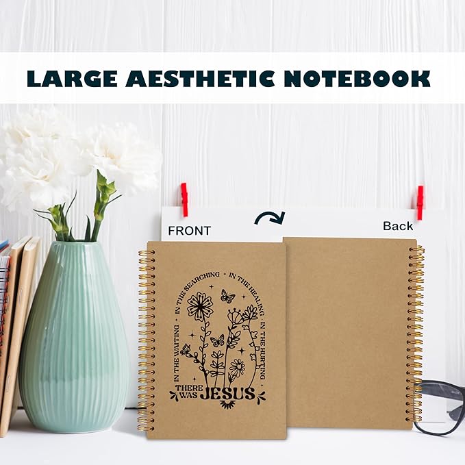 BearCake Boho Floral Christian Notebook Journal, Christian Gifts for Women, Bible Notebooks for Note Taking, Bible Journaling Notebook, Where the Jesus Hardcover Spiral Notebook 5.5x8.3 kraft paper