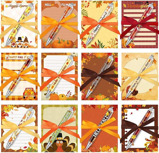 36 Pcs Fall Sticky Notes Include 12 Thanksgiving Notepads and 12 Pen and 12 Ribbon Fall Pumpkin Maple Leaf Turkey Self Adhesive Memo Pad for School Office Home Thanksgiving Gift