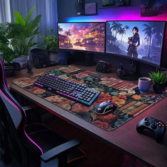 Vintage Library Floral Large Gaming Mouse Pad 31.5"x15.7"｜Books and Roses XXL Desk Mat, Non-Slip Rubber Base & Stitched Edges - Extended Waterproof Mousepad for PC/Laptop/Office/Home Decor