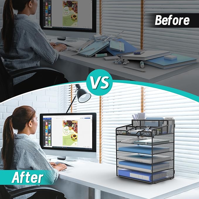6 Tier Mesh Desk Organizer,Multi Functional Letter Paper Tray with 3 Pen Holders and 5 Adjustable Storage Compartments for Office Supplies Files and Mail Space Saving Desktop Organizer-Black