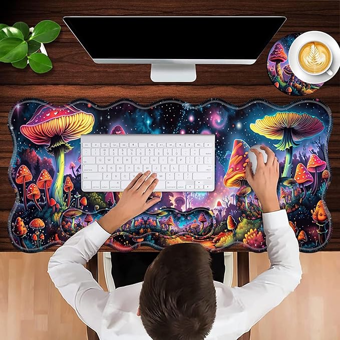 XXL Gaming Mouse Pad Set, 31.5"x11.8" Large Desk Mat with Keyboard Wrist Rest and Mouse Wrist Cushion, Ergonomic Office Mouse Pad for Home & Work Non-Slip Extended Desk Pad, Beautiful Mushrooms