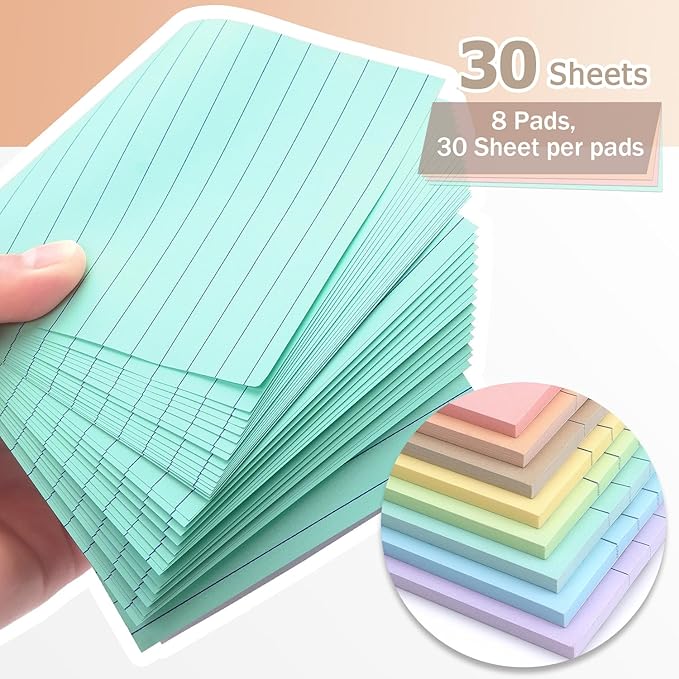 4x6 Inch Lined Sticky Notes, 8 Pack, Light Colors, Premium Self-Adhesive Notepads, Large Sticky Pads for Office, School & Home Use, Easy to Use, Reusable & Removable