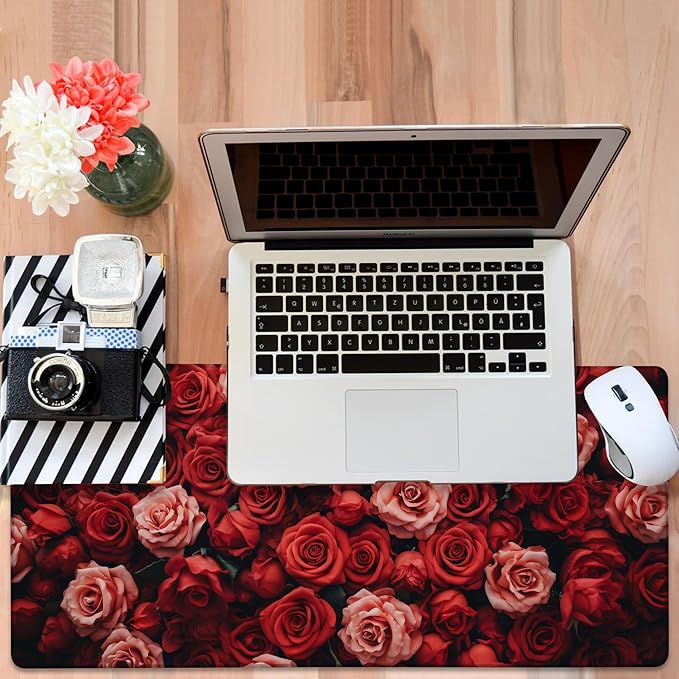Beautiful Natural Roses Gaming Mouse Pad 3mm Thick Stitched Edge Waterproof Non-slip Large Computer Keyboard Mouse Mat,Suitable for Office Entertainment Decorative Desk Pad 35.4 x 15.7 Inches