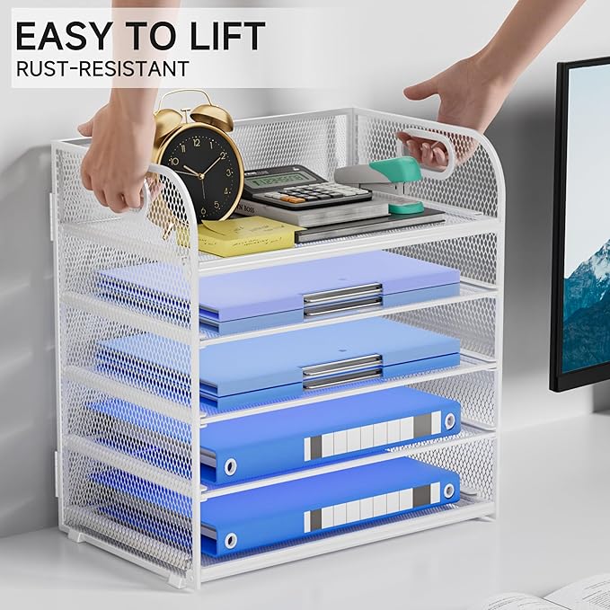 5 Tier Paper Organizer for Desk Organizer with Handle Mesh Letter Tray Organizer and Accessories Paper Sorter for Office or School-White