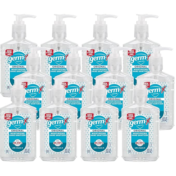 Germ-X Original Hand Sanitizer, 8 Fl Oz (Pack of 12), Less Drying Moisturizing Gel with Vitamin E, No Rinse Formula, Pump Bottle