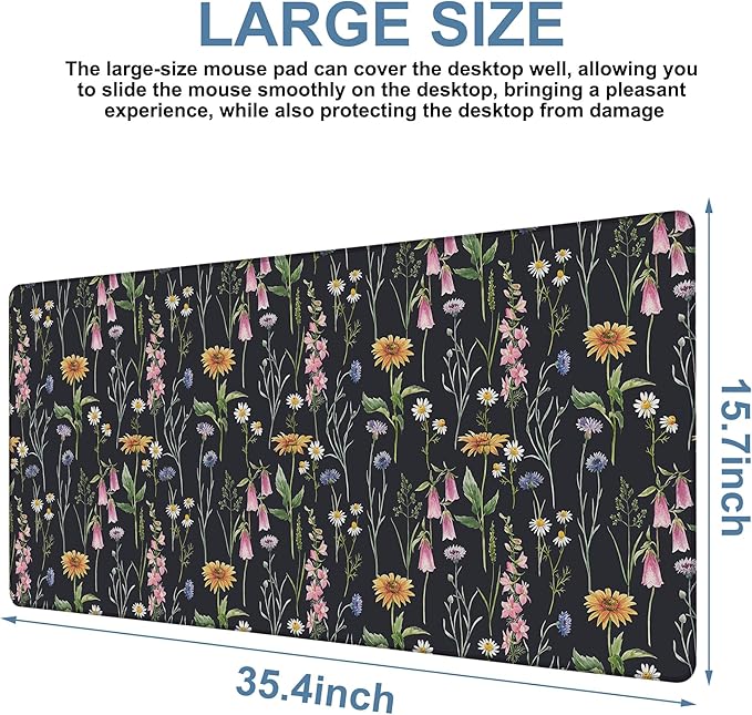 Large Mouse Pad Field Flowers Gaming Desk Pad Computer Keyboard Non-Slip Waterproof Mouse Mat with Rubber Base and Stitched Edges Entertainment Office Writing Desk Mat 35.4 x 15.7 Inches