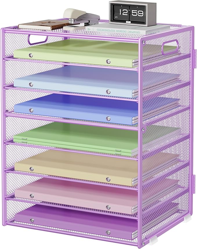 8 Tier Paper Organizer with Handle, Metal Mesh Desk File Organizer, Large Capacity Desk Organizers Paper Letter Tray Desktop Document Sorter for Office, Home or School - Purple