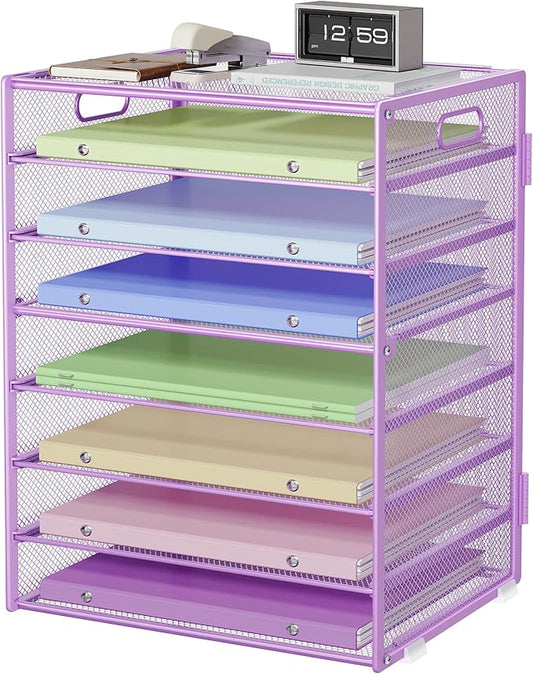 8 Tier Paper Organizer with Handle, Metal Mesh Desk File Organizer, Large Capacity Desk Organizers Paper Letter Tray Desktop Document Sorter for Office, Home or School - Purple