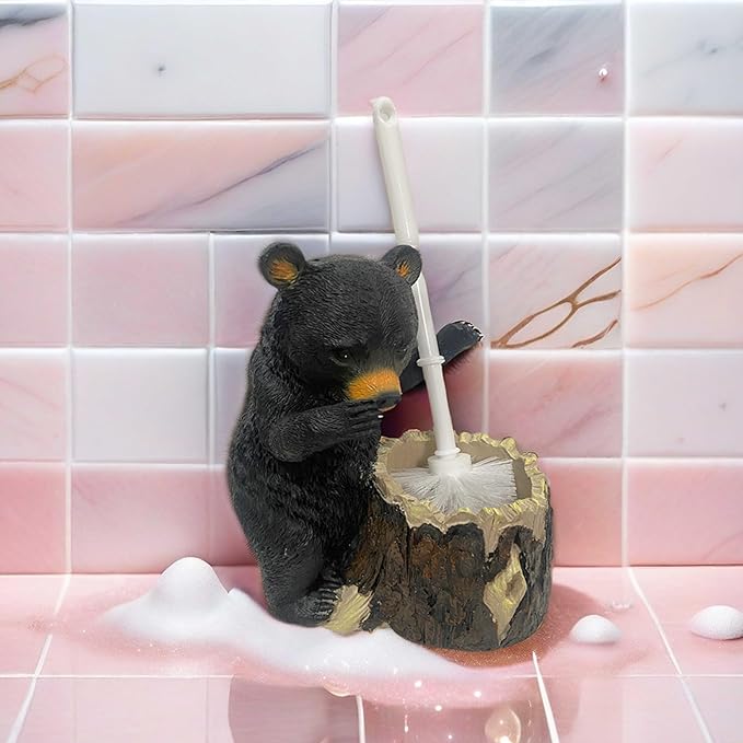 BGBWBFBR Whimsical Black Bear Toilet Brush Holder Set - Unique Cub Shape Decorative Bathroom Cleaning Kit for Cabin Owners, Bear-Themed Home Decor, Cozy Cabin Gifts