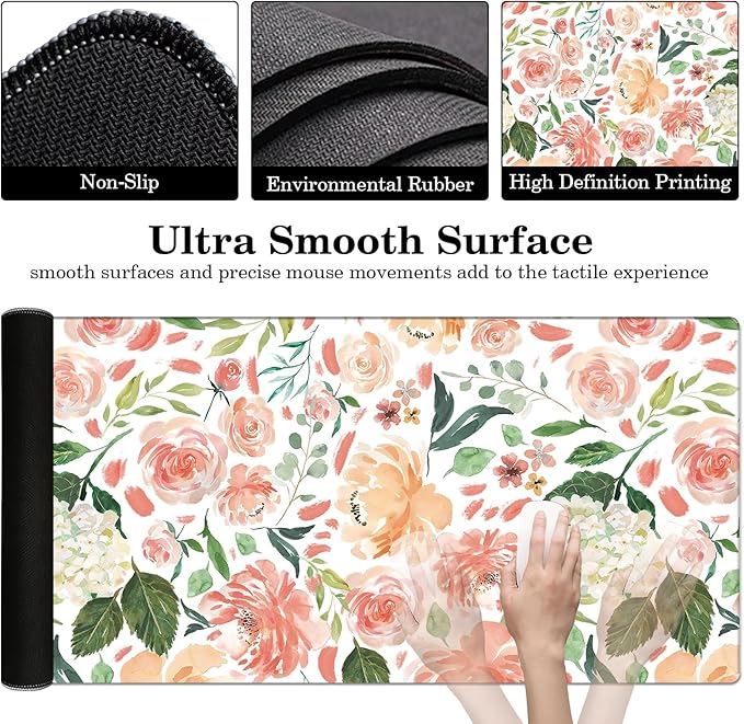 Peony Flower Desk Pad Protector, Stitched Edges Mouse Pad, Large Office Desk Mat, Non-Slip Desk Blotter, Laptop Desk Pad, Floral Desk Writing Pad for Office and Home (31.5" x 15.7")