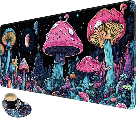 Desk Mat Large Gaming Mouse Pad (31.5x11.8 inch) with Stitched Edges, XL Mouse Pad +Coaster, Extended Mouse Mat Keybroad Mousepad Non-Slip Rubber for Gamer Men Women, Magic Mushrooms