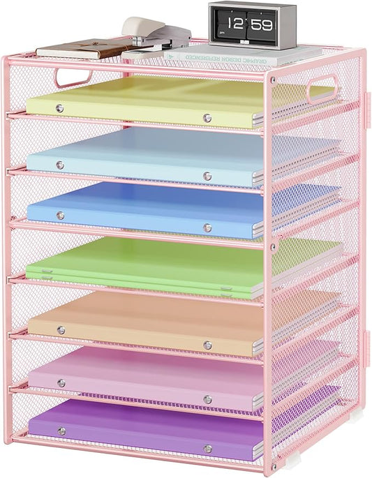 8 Tier Paper Organizer with Handle, Metal Mesh Desk File Organizer, Large Capacity Desk Organizers Paper Letter Tray Desktop Document Sorter for Office, Home or School - Pink