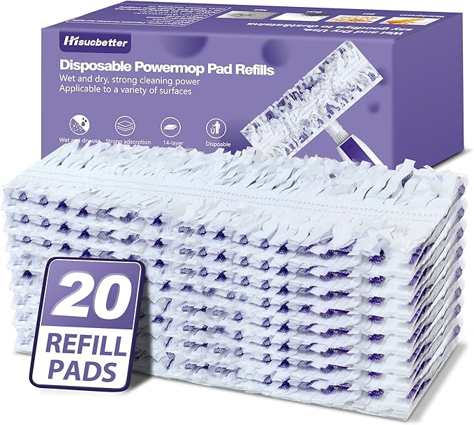 Hisucbetter 20 Pack Power Mop Refill Pads Compatible with Swiffer Power Mop, Dry/Wet Multi-Surface Mopping Pad Refills for Floor Cleaning, Unscented.