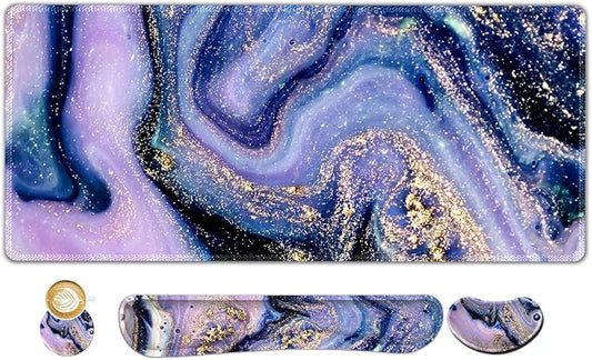 ARTSO Large Gaming Mouse Pad, Keyboard Wrist Rest Pad & Wrist Support Mousepad Set, Stitched Edge, Extended, Non-Slip Base, Memory Foam,Multifunctional Desk Mat 4pcs for Office & Home, Purple Marble