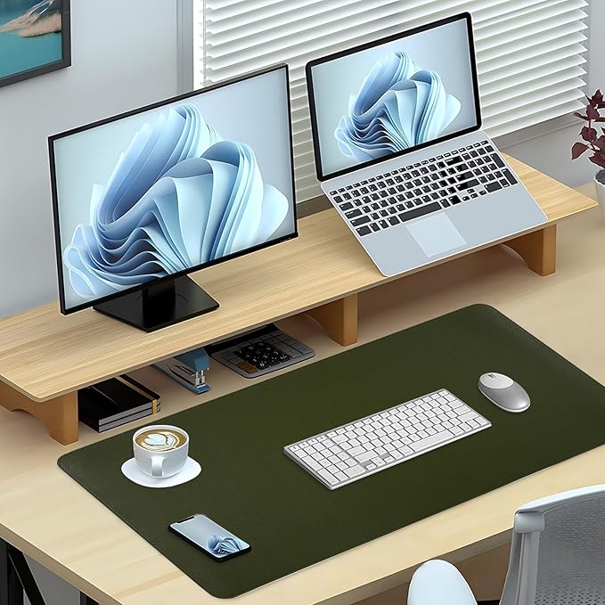 Desk Mat, Dual-Sided Pad, Large Mouse Pad, Natural Cork & PU Leather Non-Slip Waterproof Mats for Office and Home (Army Green, 31.5" x 15.7")