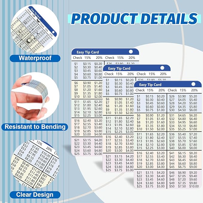 3 PCS Card Size Tip Card for Wallet 15 and 20 Percent Tip Calculator Card 2.1 x 3.3 inch Durable Wallet Card for Restaurant Delivery Hotel Waitress $1 to $100 with 15% and 20%
