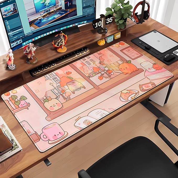 Cute Anime Desk Mat Large Kawaii Mouse Pad Coffee Shop Gaming Mousepad XXL Extended Autumn Pumpkin Themed Desk Pad Computer Laptop Keyboard Mouse Mat Desk Decor 31.5x15.7 in