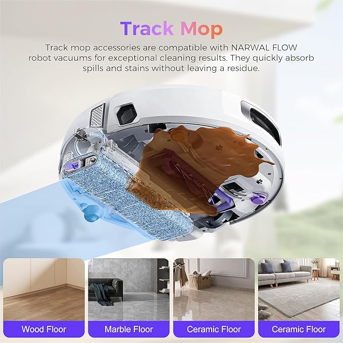 16 Pcs Accessories kit for NARWAL FLOW Robot Vacuum, 1 Zero-Tangling Floating Brush, 4 Dust Bag, 2 Dust Bin Filter, 2 Track Mop, 4 Anti-tang ling Side Brush, 2 Sponge Filter, 1 Clean Tool