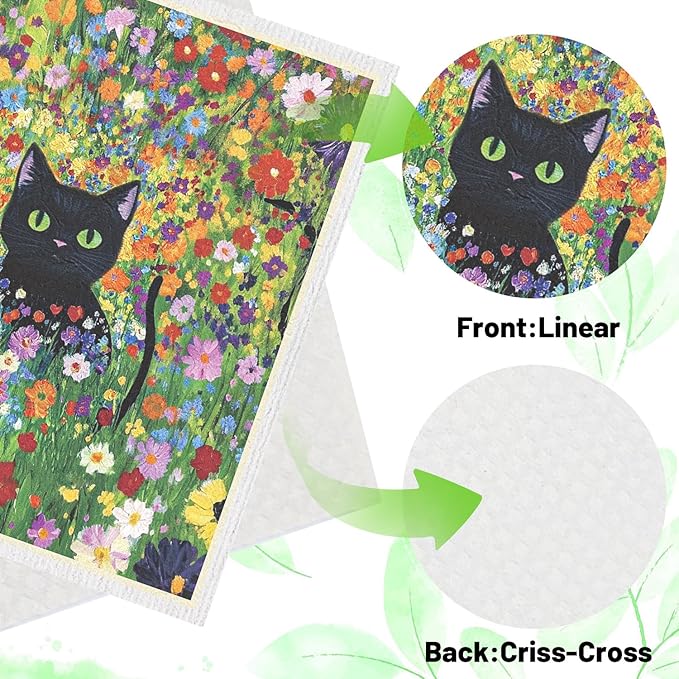 Swedish Dishcloths for Kitchen, 6 Pack Oil Painting Black Cat Reusable Paper Towels Washable, Absorbent Dish Rags for Washing Dishes Housewarming Gifts
